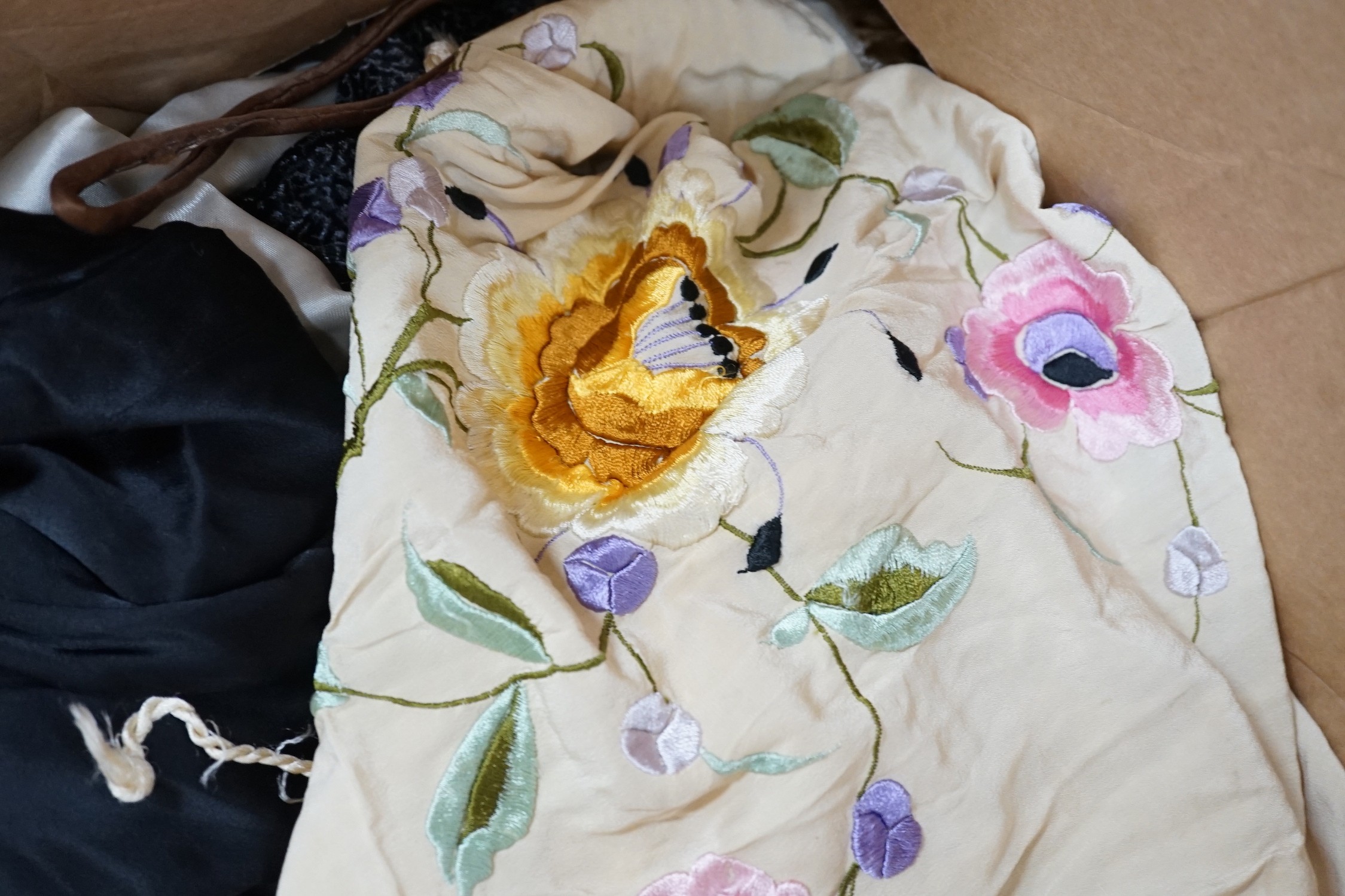 QA 1920's velvet jacket, a 1940's crepe evening dress, an embroidered shawl, two dresses, etc.